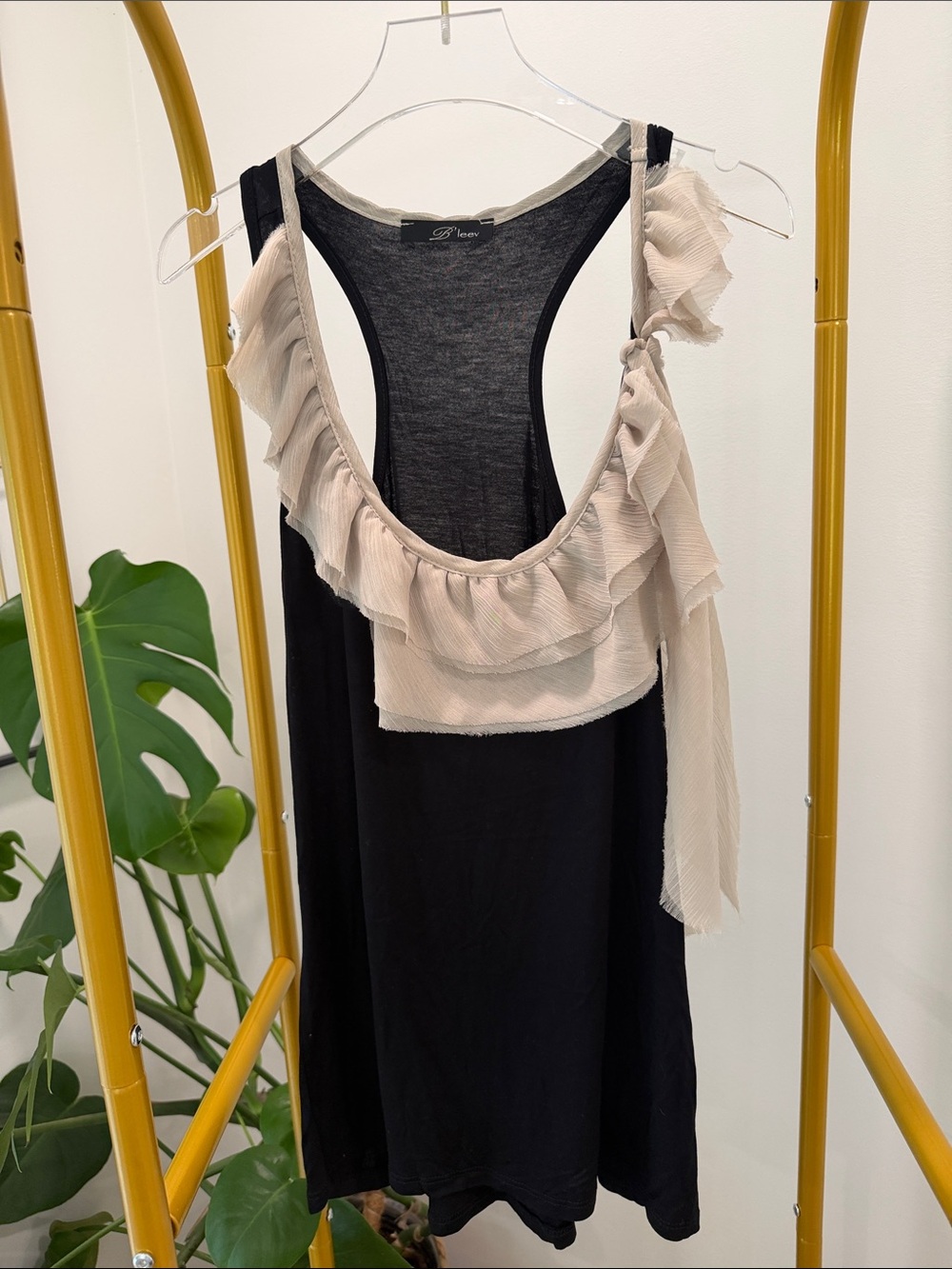 Delicate Ruffle-Trim Camisole Tank - Black with Cream Ruffle